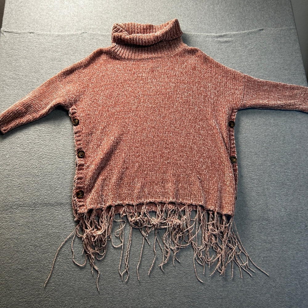 Turtleneck Sweater Boho Womens Medium Pink‎ Chenille Fringe Hem Knit Olive Ave